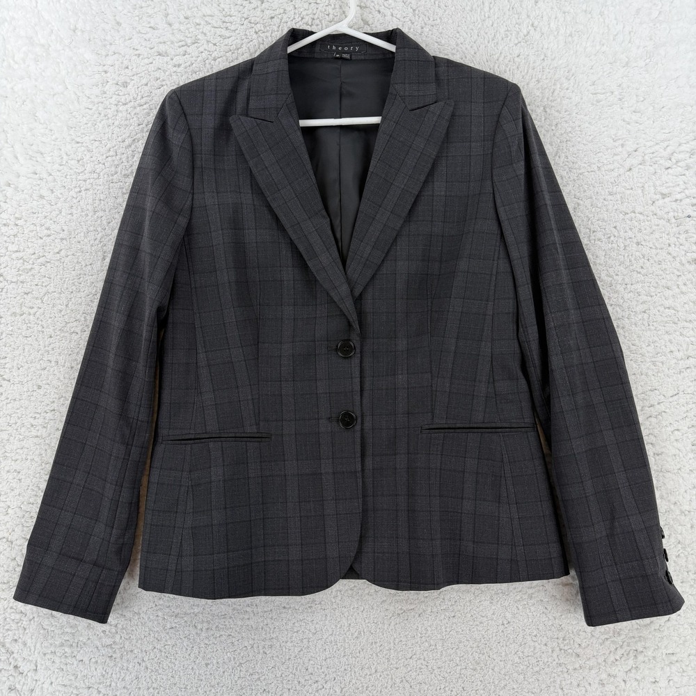 Theory Blazer Womens 12 Gray Plaid Two Button Wool Blend Lined Jacket Career